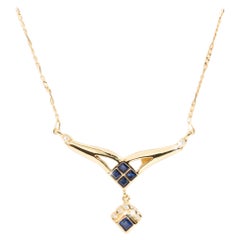 Zaffiro blu e diamante bianco rotondo in oro 18 carati Vintage Necklet