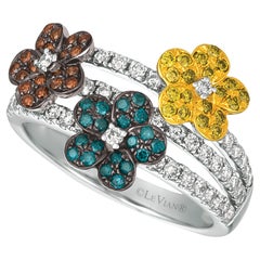 LeVian 14K White Gold Round Multi-Color Diamond Classic Flower Cocktail Ring