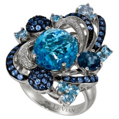 LeVian 14K White Gold Blue Topaz Round Black Diamond Beautiful Fancy Pretty Ring