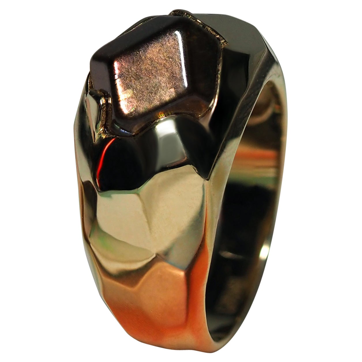 Men's Fire Garnet Gold Ring Faceted Hickory Brown Natural Japanese Stone Unisex