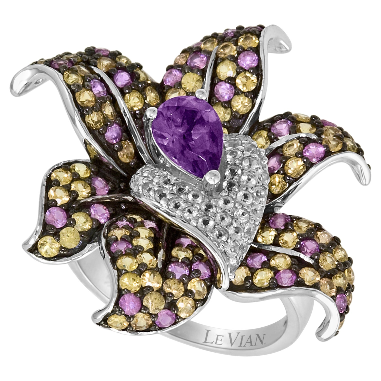 LeVian 14K White Gold Amethyst Multi Color Gemstone Classy Floral Cocktail Ring For Sale