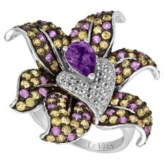 LeVian 14K White Gold Amethyst Multi Color Gemstone Classy Floral Cocktail Ring