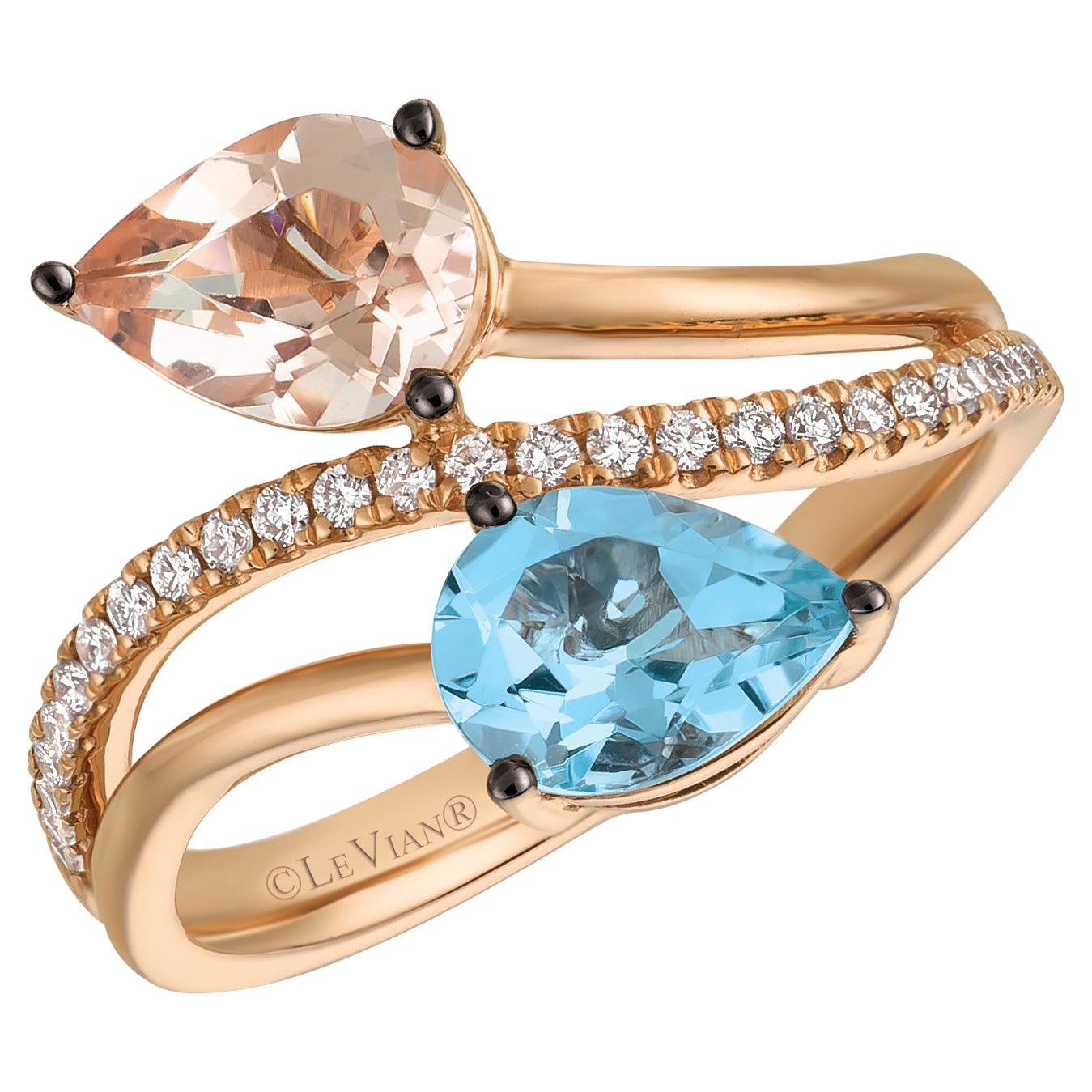 LeVian 14K Rose Gold Aquamarine Morganite Round Diamonds Classic Cocktail Ring For Sale