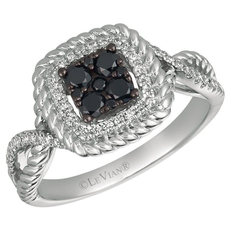 LeVian 14K White Gold Round Black Diamond Classic Pretty Beautiful Cocktail Ring For Sale