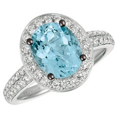 LeVian 14K White Gold Aquamarine Round Blue Diamond Pretty Fancy Cocktail Ring