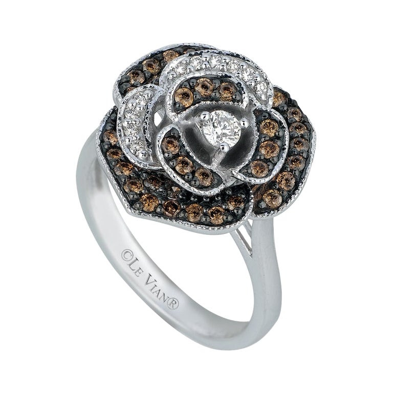 LeVian 14K White Gold Round Brown Chocolate Diamond Beautiful Pretty Flower Ring For Sale