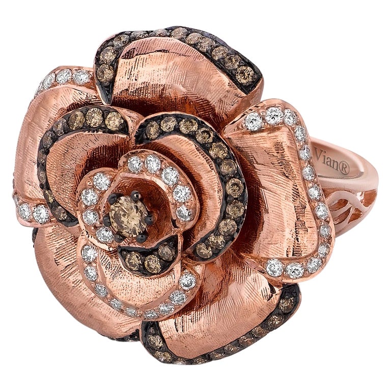 LeVian 14K Rose Gold Round Brown Chocolate Diamond Beautiful Pretty Flower Ring For Sale