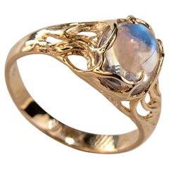 Moonstone Adularia Gold Ring Twinkling Transparent Gem Art Nouveau Style Unisex