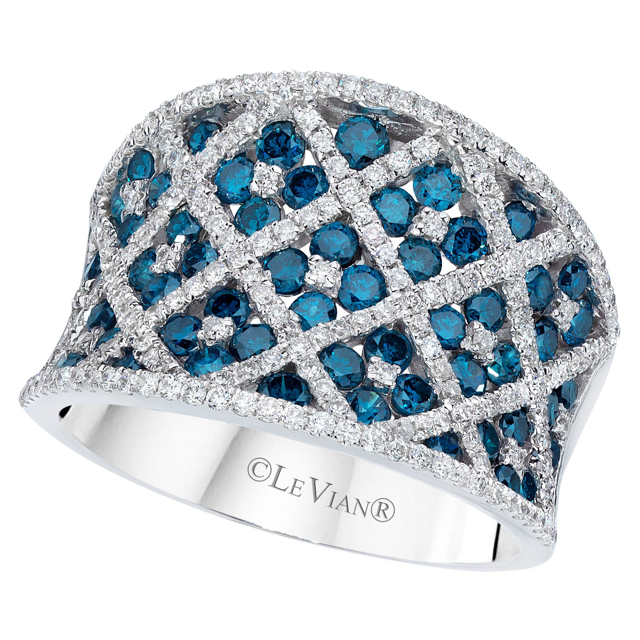 LeVian 14K White Gold Round Blue Diamond Classic Beautiful Fancy Cocktail Ring For Sale