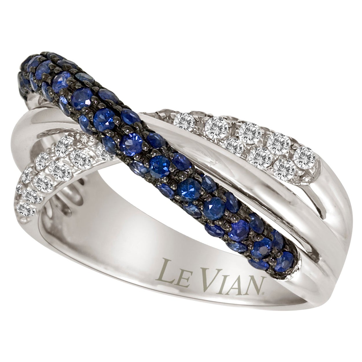 LeVian 14K White Gold Blue Ceylon Sapphire White Topaz Crossover Cocktail Ring For Sale