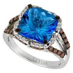 LeVian 14K White Gold, Cushion Shape Blue Topaz & 5/8 Cttw White/Chocolate