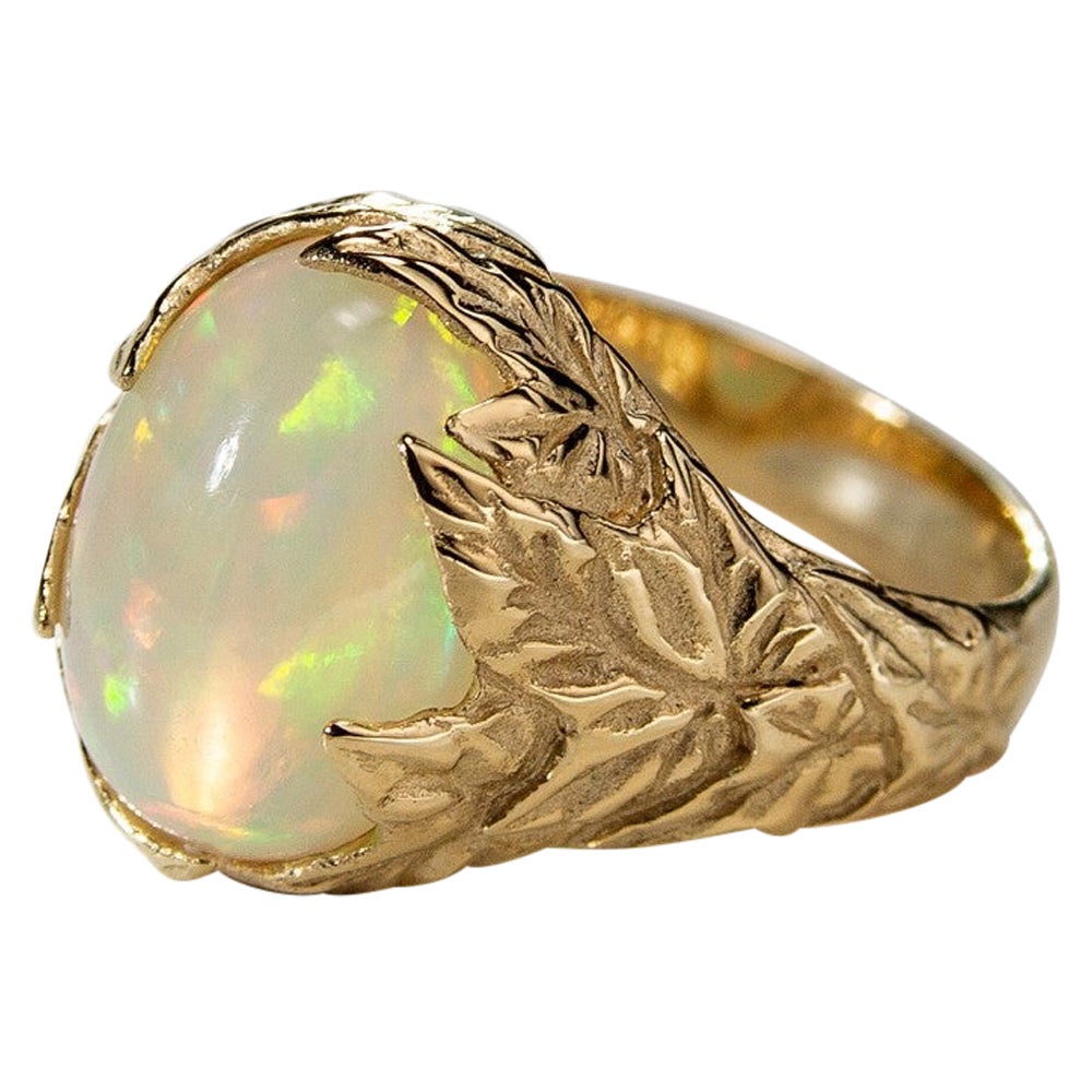 Ethiopian Opal Yellow Gold Ivy Ring Aphrodite Style Multicolor Glare Art Nouveau