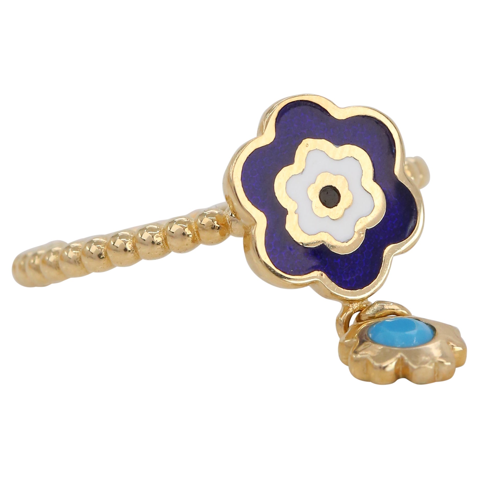 14K Gold Daisy Enamel Ring with Turquoise Pendant