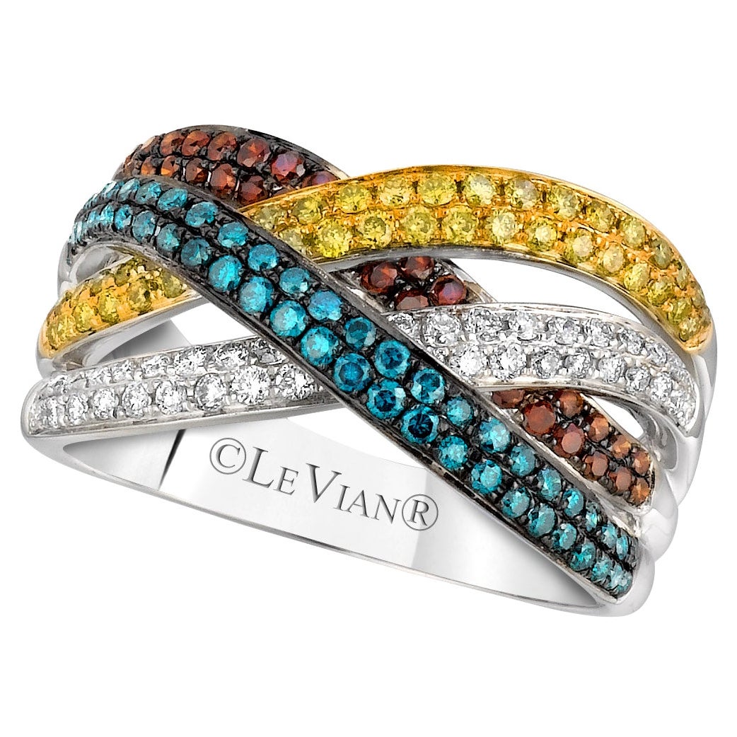 LeVian 14K White Gold Round Red Yellow Blue Diamond Beautiful Cocktail Ring For Sale