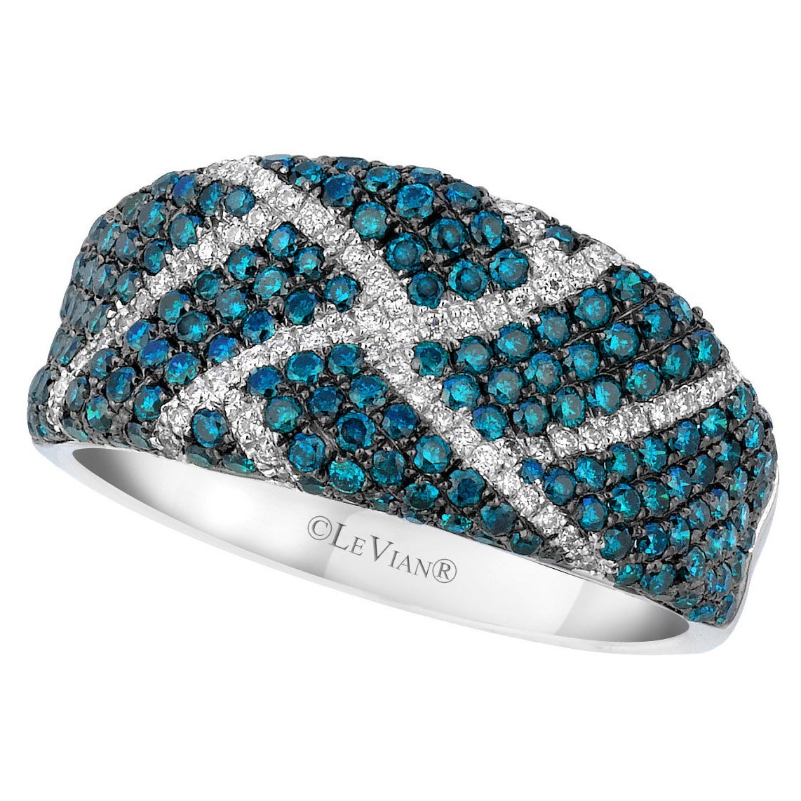LeVian 14K White Gold Round Blue Diamonds Classic Beautiful Pretty Cocktail Ring For Sale
