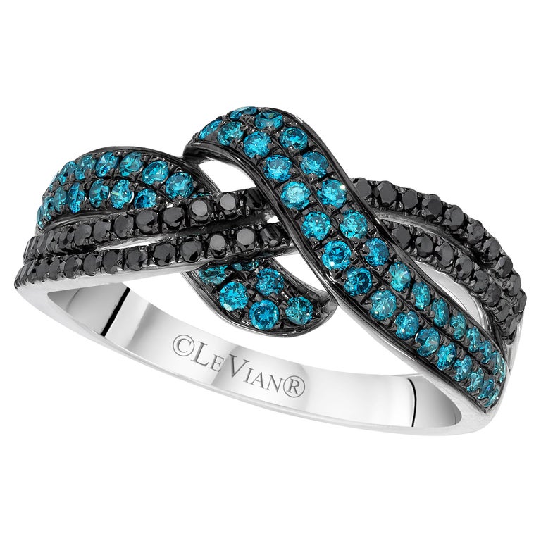LeVian 14K White Gold Round Blue Black Diamond Classy Beautiful Cocktail Ring For Sale