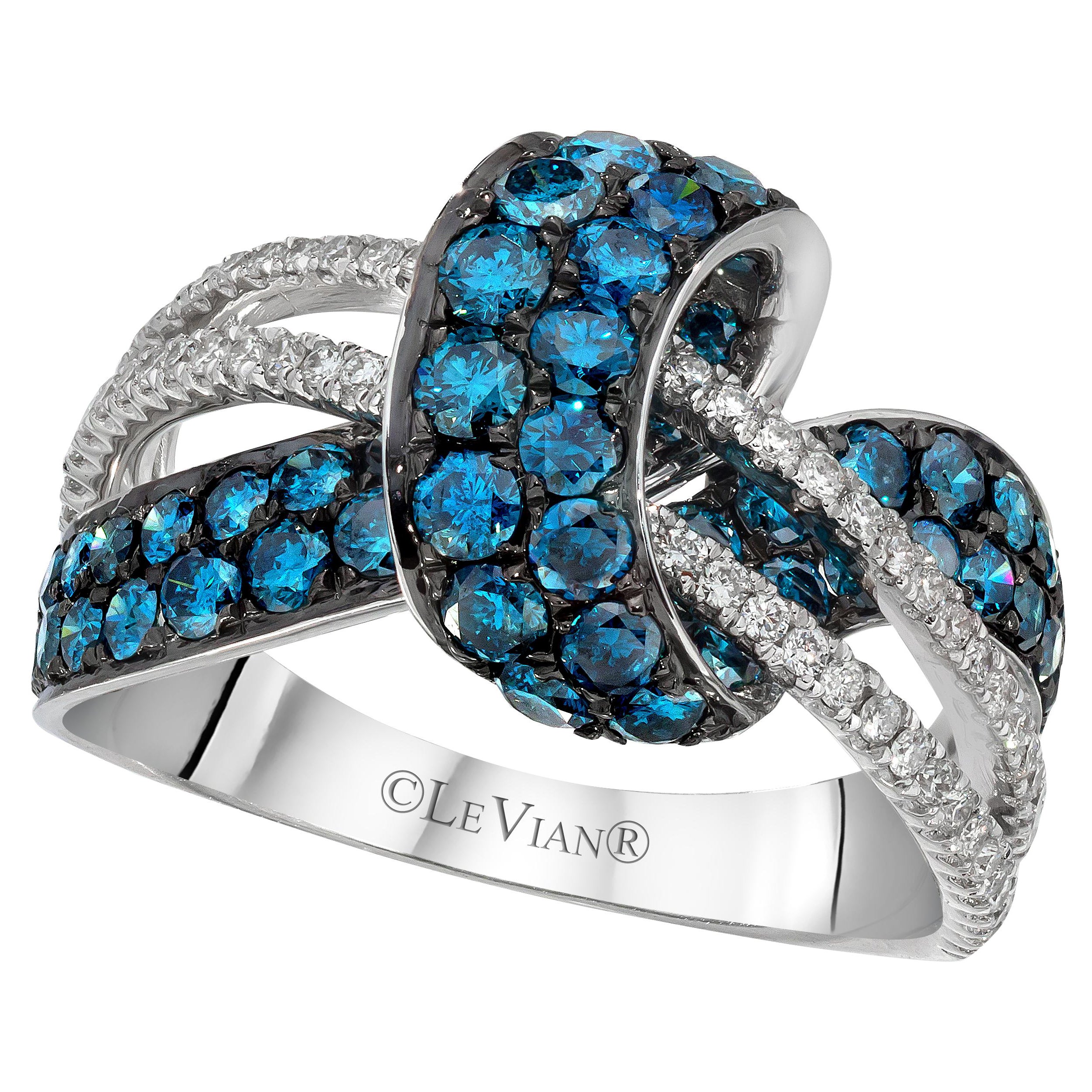 LeVian 14K White Gold Blue Round Diamonds Classic Beautiful Pretty Cocktail Ring For Sale