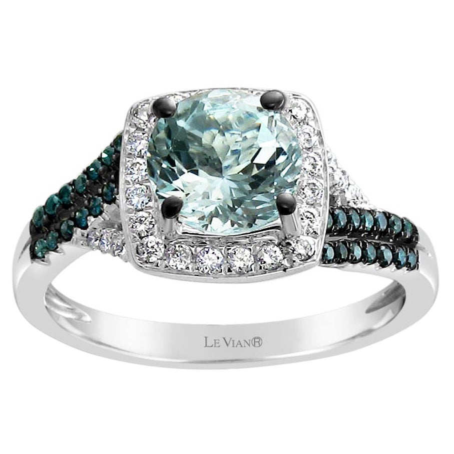 LeVian 14K White Gold Aquamarine Round Blue Diamond Classic Pretty Cocktail Ring