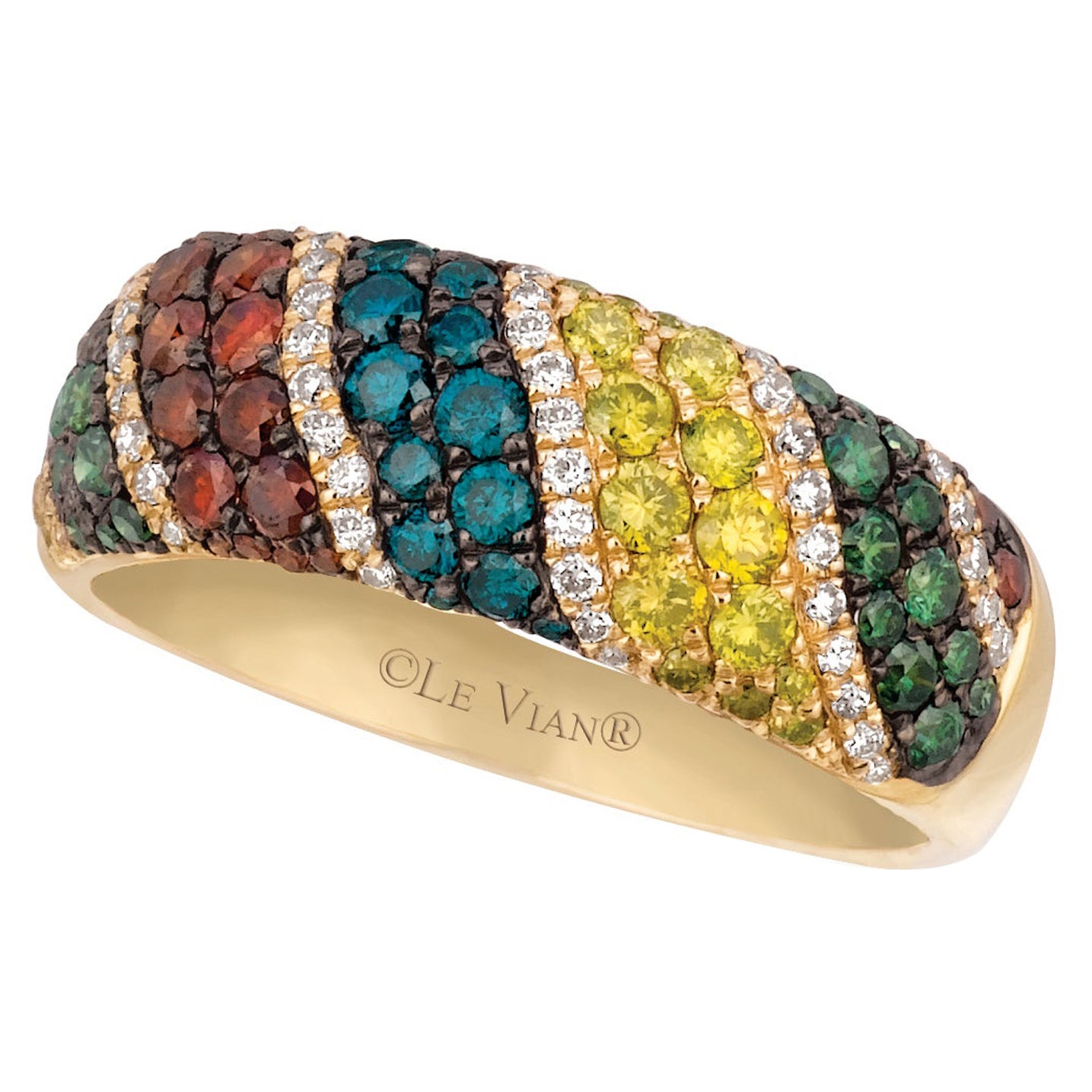 Bague LeVian en or jaune 14 carats avec diamants rouges, verts, blancs et de couleur fantaisie