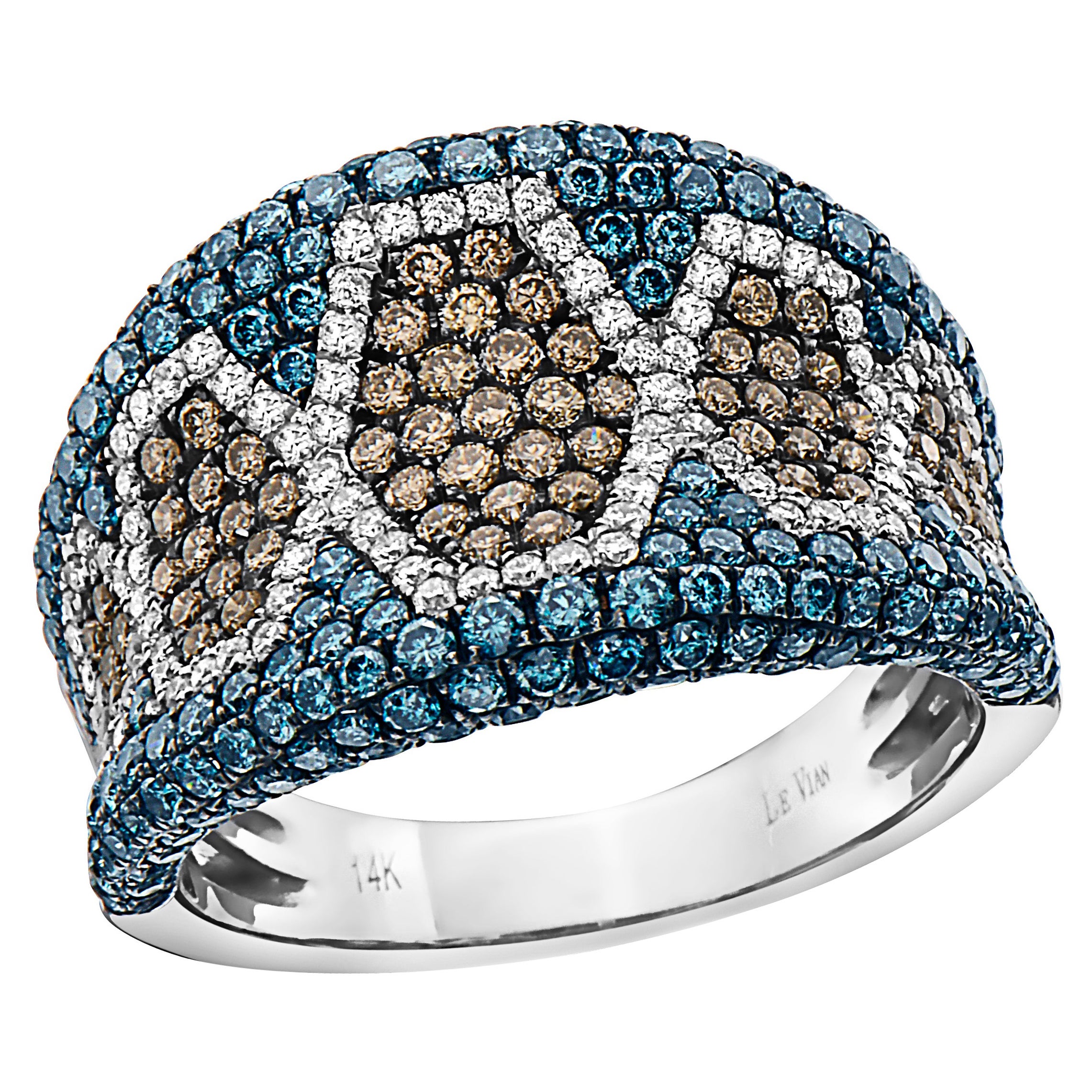 LeVian 14K White Gold Round Blue Chocolate Brown Diamond Cocktail Band Ring For Sale