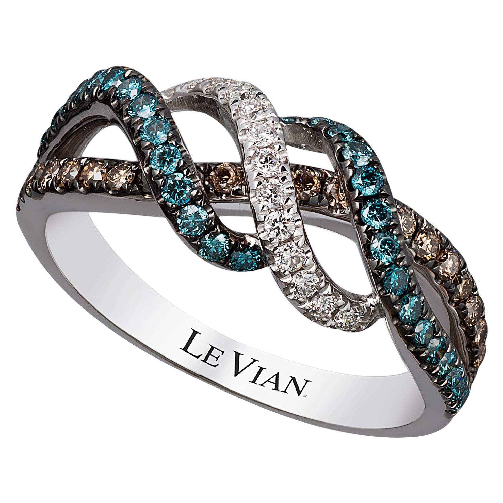 LeVian 14K White Gold Round Blue Chocolate Brown Diamond Classy Cocktail Ring For Sale
