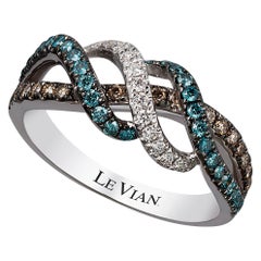 LeVian 14K White Gold Round Blue Chocolate Brown Diamond Classy Cocktail Ring