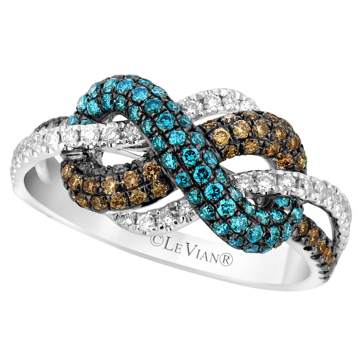 LeVian 14K White Gold Round Blue Chocolate Brown Diamonds Classic Cocktail Ring For Sale