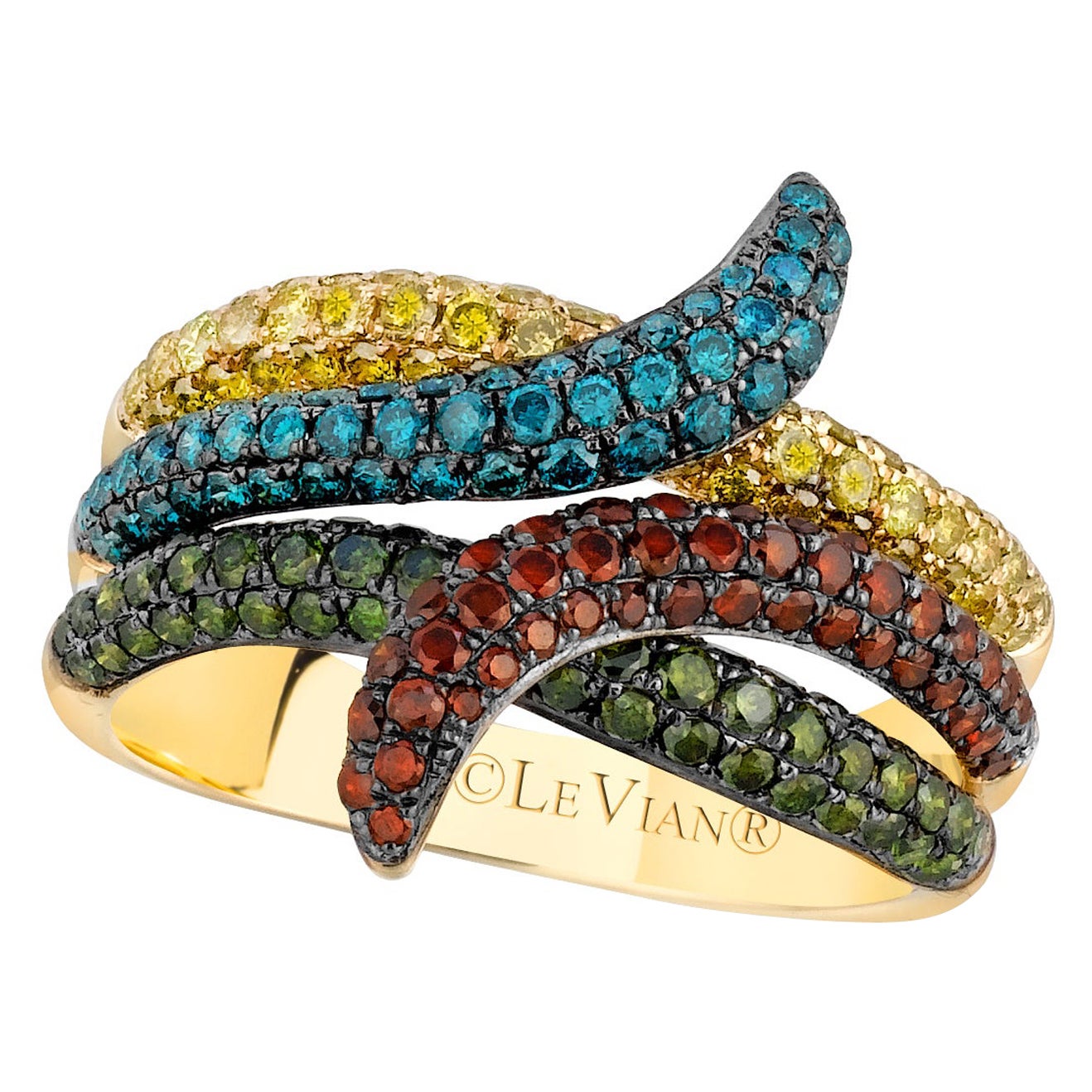 LeVian Ring Yellow, Green, Blue & Red Diamonds 14K Yellow Gold For Sale