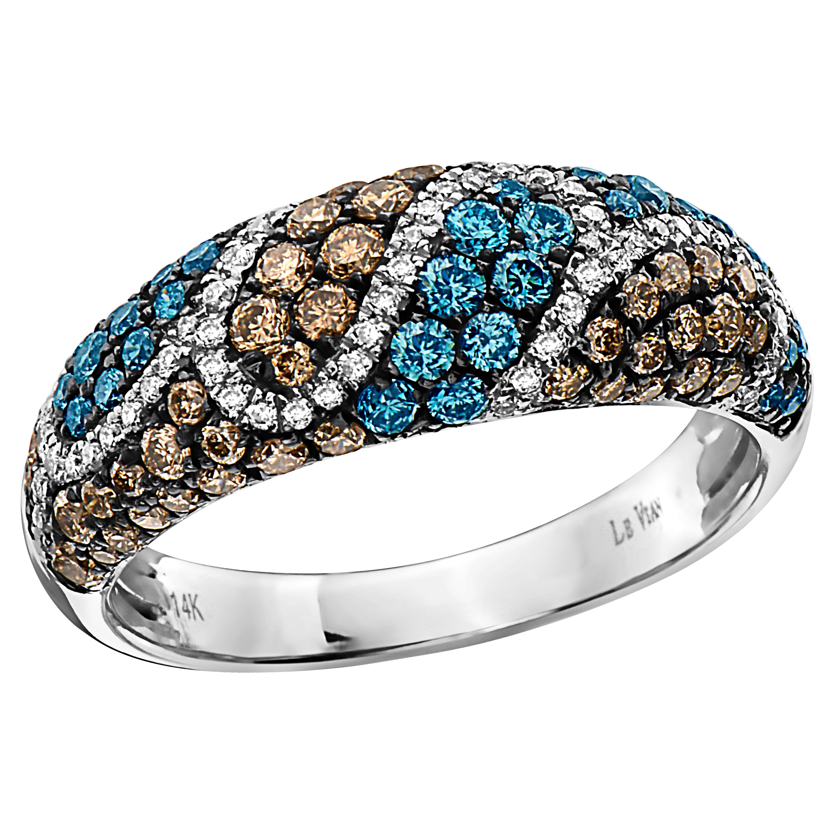 LeVian 14K White Gold Round Blue Chocolate Brown Diamond Classic Cocktail Ring For Sale
