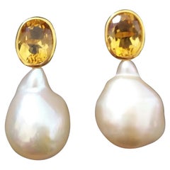 Retro Oval Faceted Cognac Color Citrine Cream Baroque Pearl Yellow Gold Stud Earrings