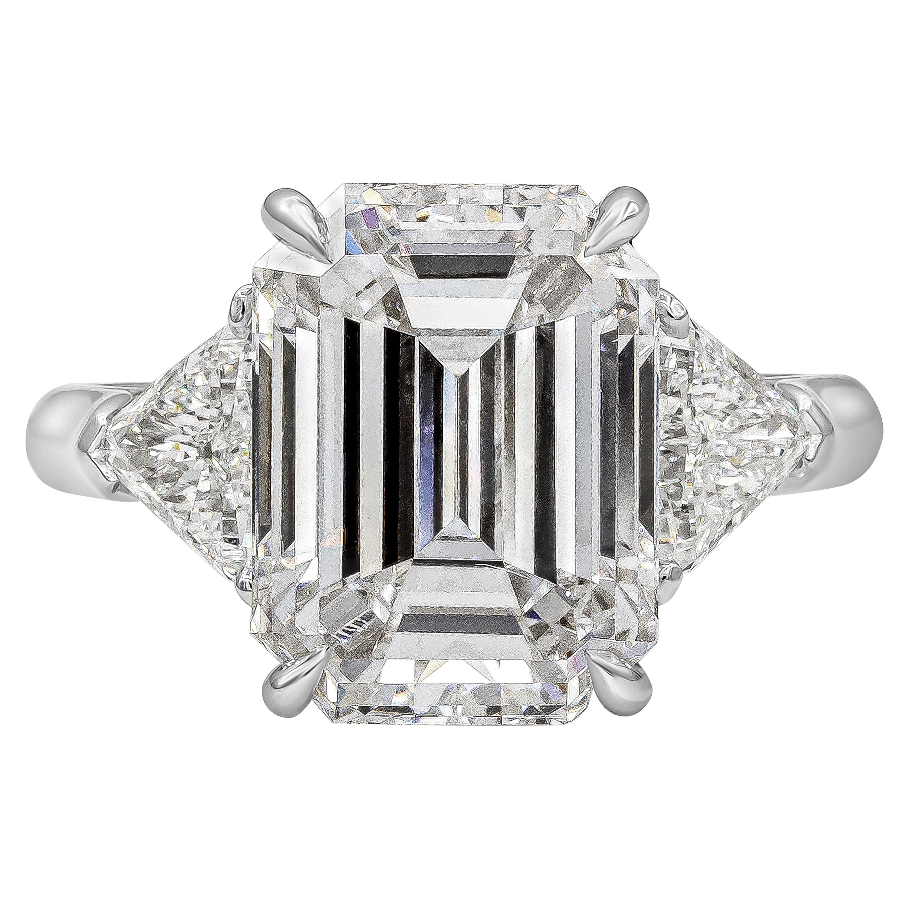 GIA Certified 5.46 Carats Emerald Cut Diamond Three-Stone Engagement Ring For Sale