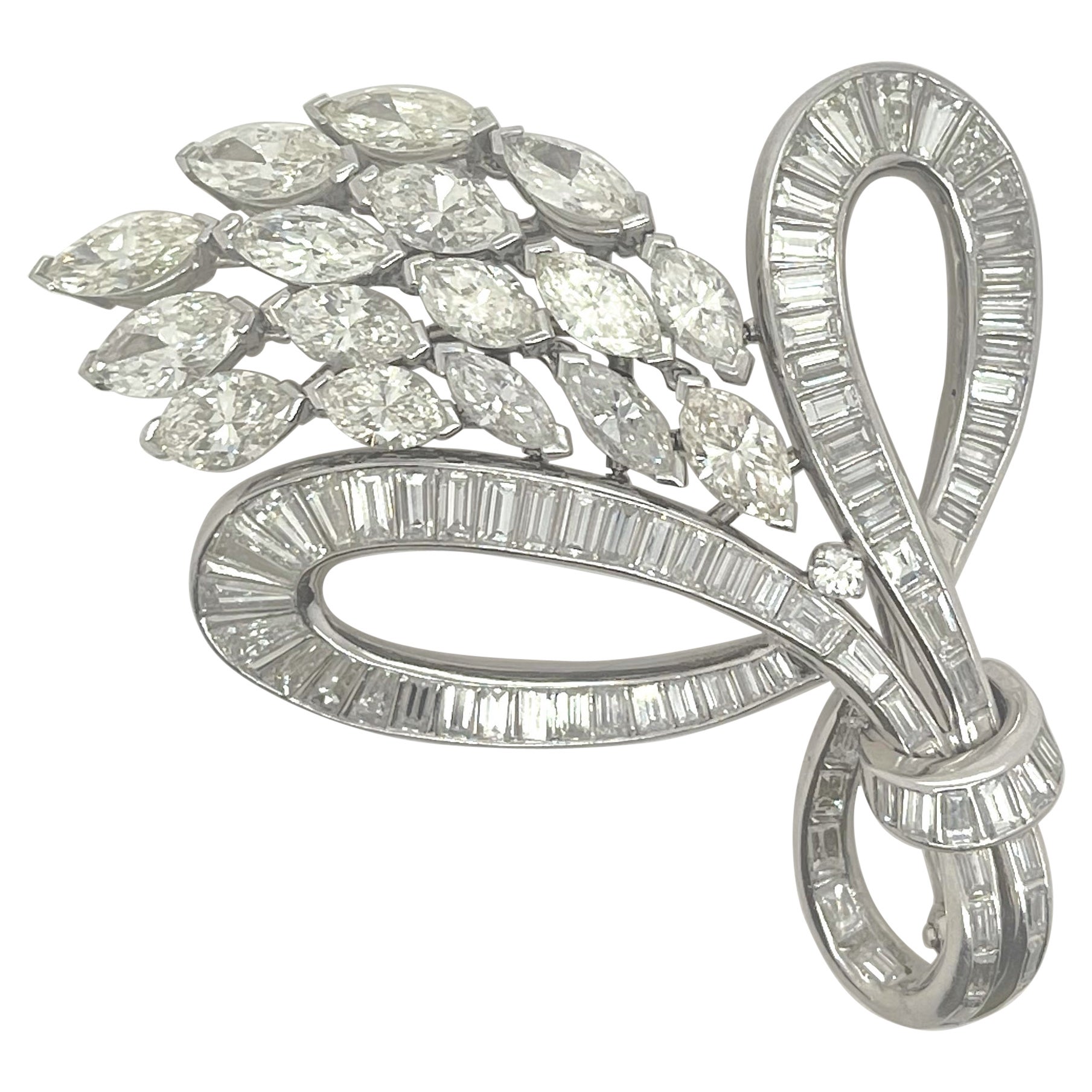 Platinum Baguette & Marquise Diamond Brooch For Sale