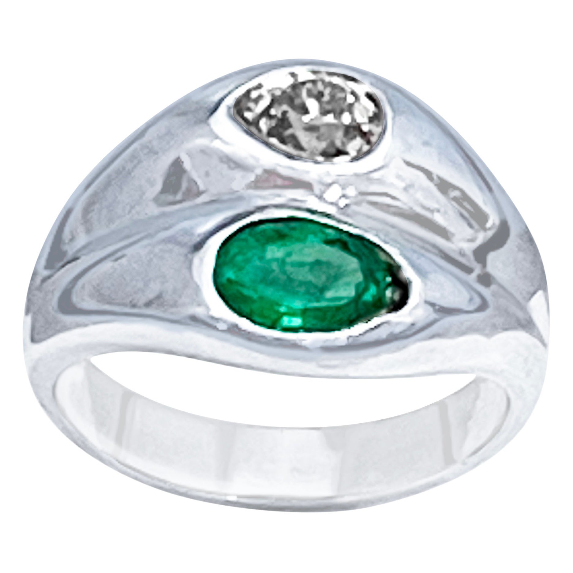 1 Carat Pear Cut Emerald and 0.8ct Diamond Ring 14 Karat White Gold