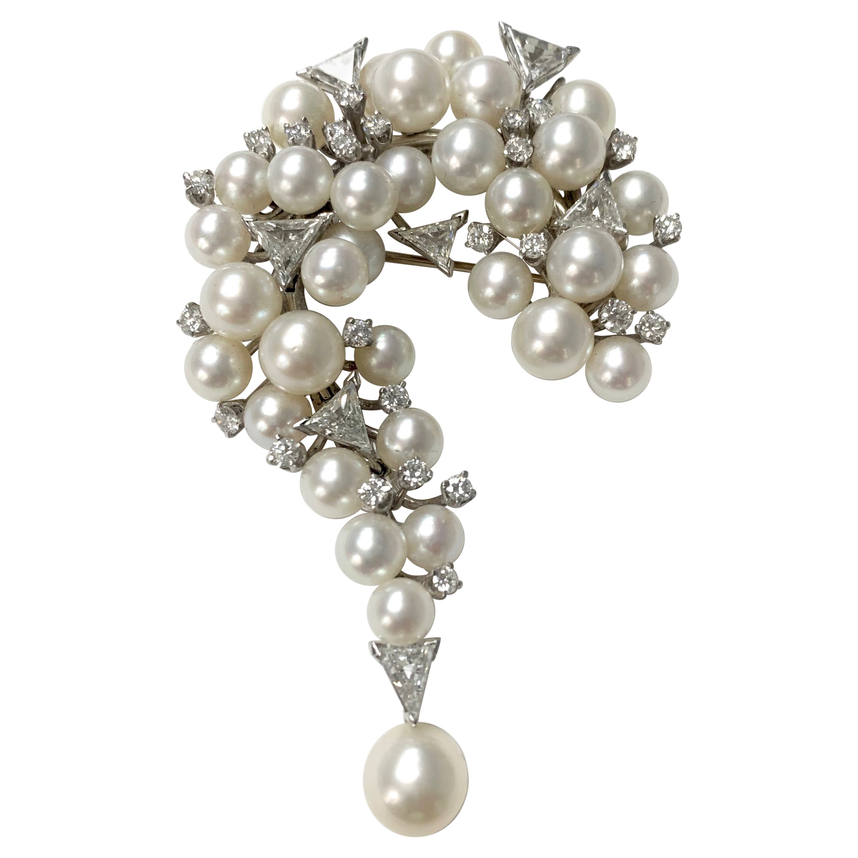 Diamond and Pearl Brooch in Platinum
