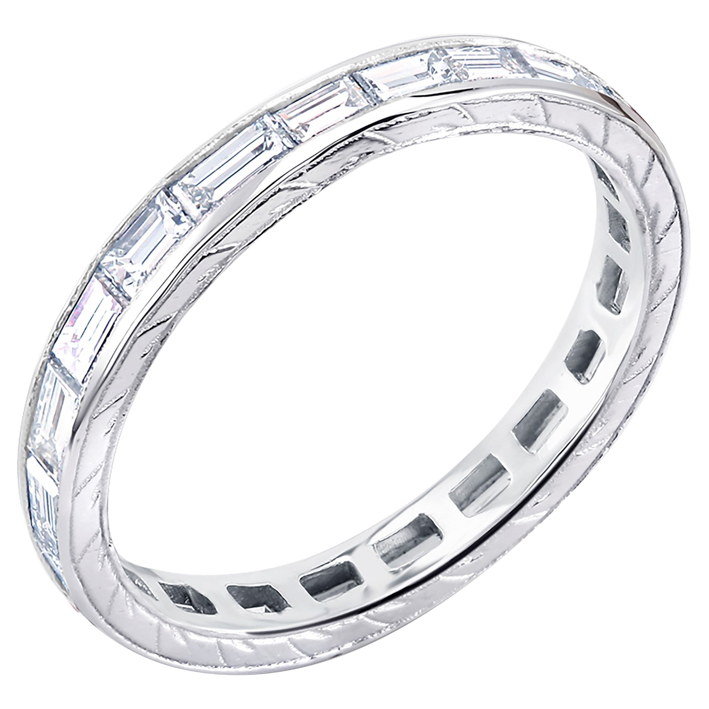 Platinum Baguette Diamond Engraved Eternity Band Two and Half Millimeter Wide
