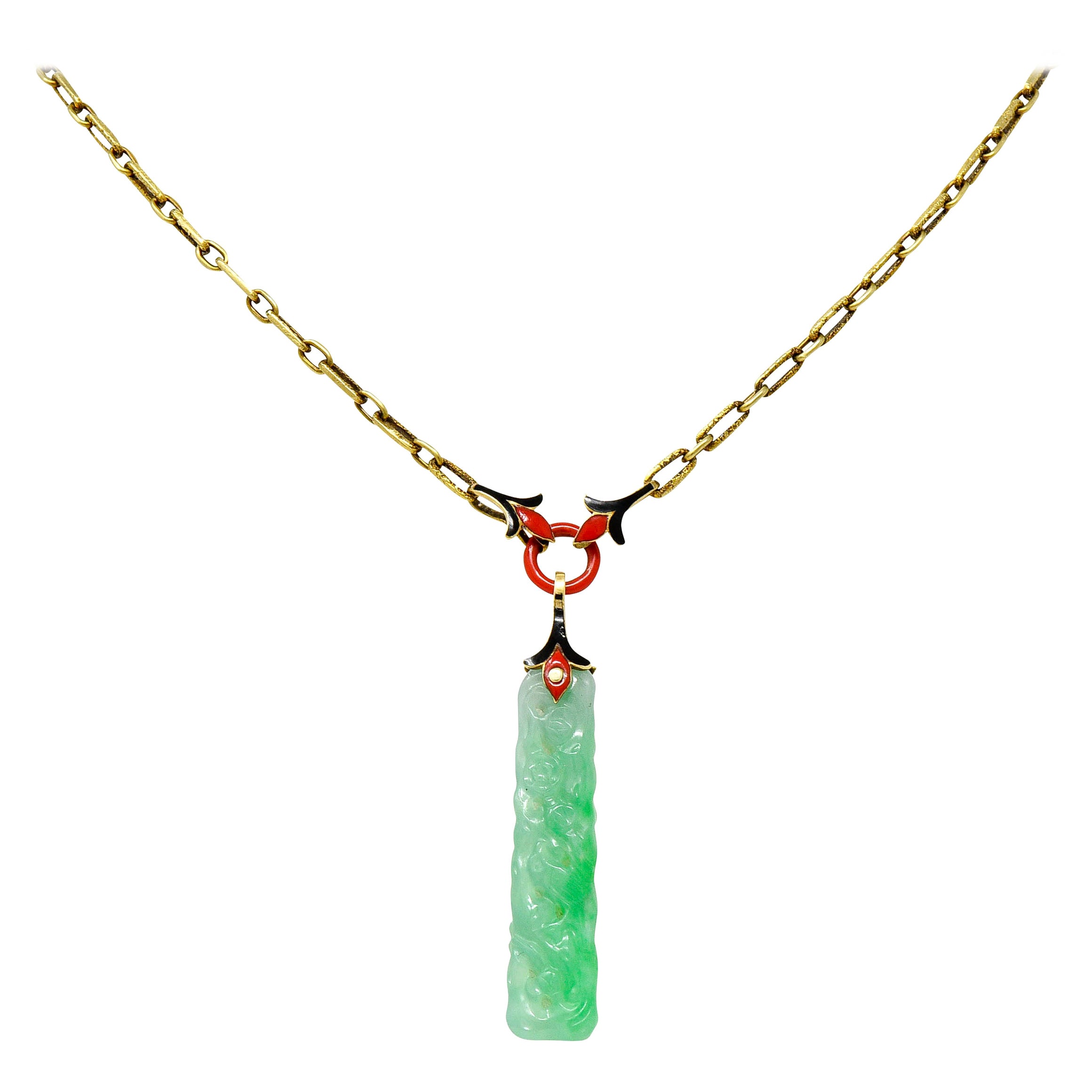 Art Deco Carved Jade Enamel 14 Karat Gold Drop Pendant Necklace