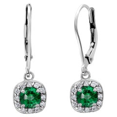 Emerald and Diamond White Halo Gold Square Shape Lever Back Hoop Earrings