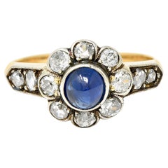 Victorian 2.25 Carats Sapphire Diamond Silver-Topped 14 Karat Gold Cluster Ring