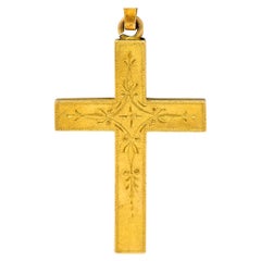 1878 Victorian 14 Karat Yellow Gold Engraved Unisex Cross Pendant