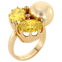 Diamonds Citrine Golden South Sea Pearl Ring 14K Yellow Gold