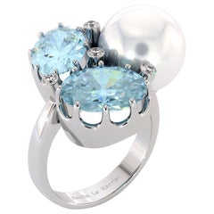 Diamonds Bluetopaz White South Sea Pearl Ring 14K White Gold