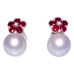 2.66 Ct Ruby, White South Sea Pearl and Diamond Earring in 18k White Gold