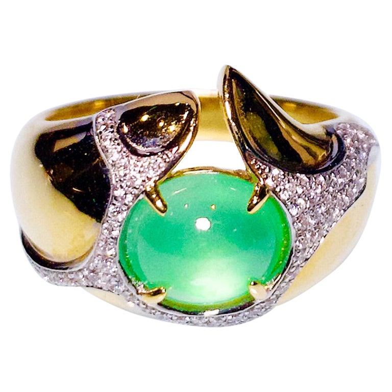 Eostre Type A Green Jadeite and Diamond Ring in 18K Yellow Gold