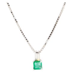 Emerald and Diamond 18 Carat White Gold Vintage Pendant and White Gold Chain