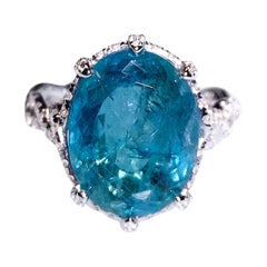 4.68 Ct Greenish Blue Aquamarine and Diamond Ring in 18k White Gold