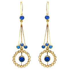 Antique 2.02ct Sapphire Seed Pearl Yellow Gold Drop Earrings, Circa 1910