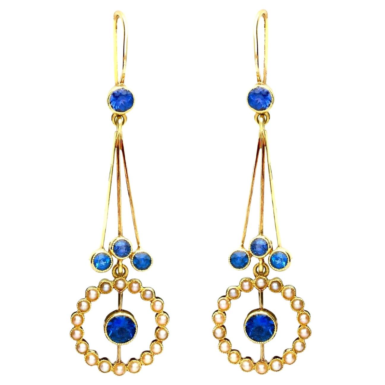 Antique 2.02 Carat Sapphire Seed Pearl Yellow Gold Drop Earrings, circa 1910