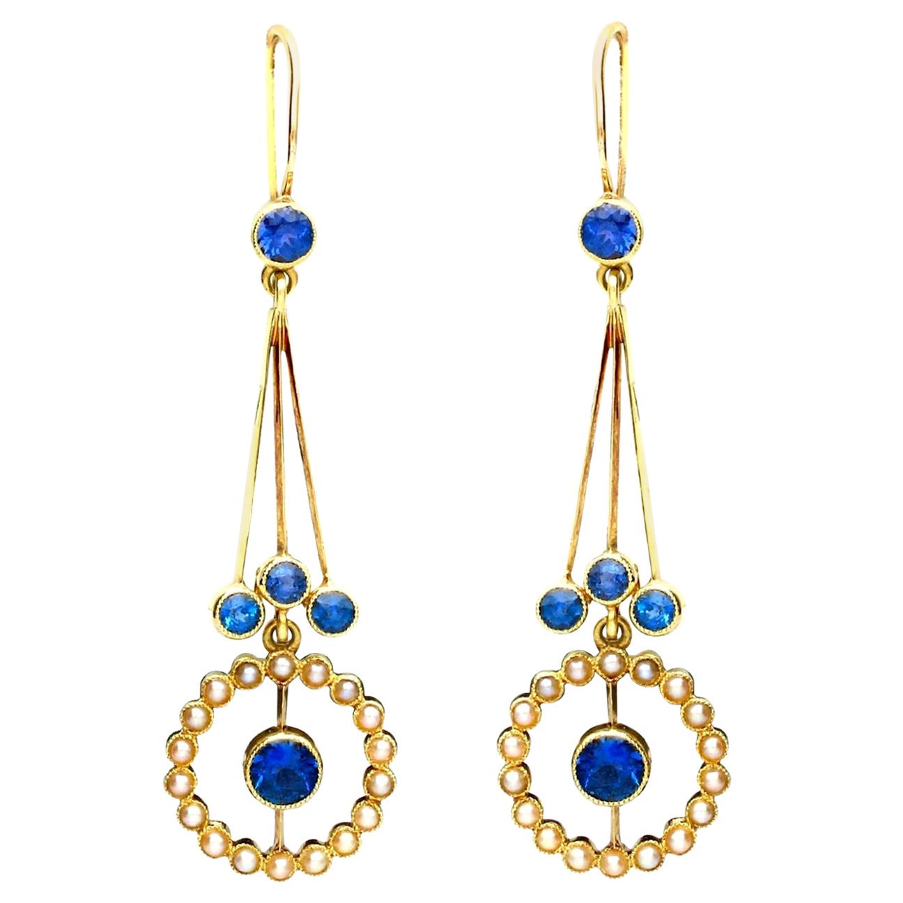 Antique 2.02 Carat Sapphire Seed Pearl Yellow Gold Drop Earrings, circa 1910