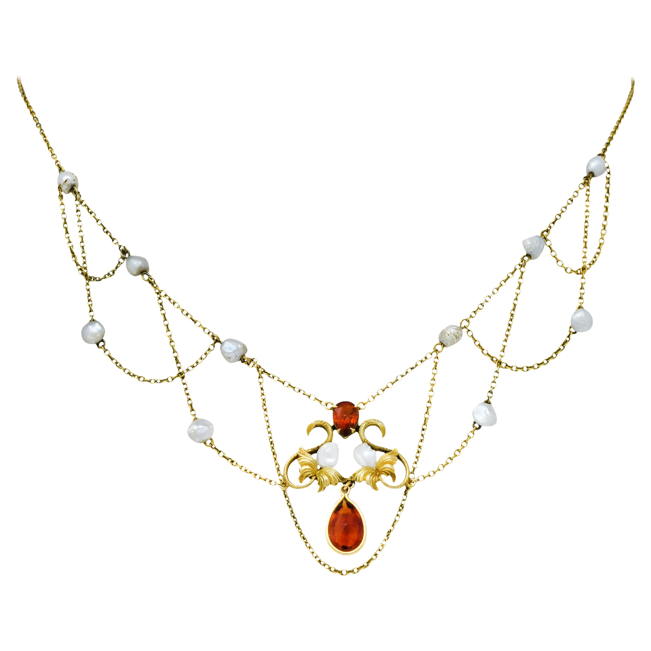 Art Nouveau Citrine Baroque Pearl 14 Karat Gold Swag Necklace