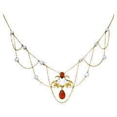 Art Nouveau Citrine Baroque Pearl 14 Karat Gold Swag Necklace